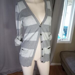 Bluenotes Gray and White Cardigan Sweater V-Neck Knit